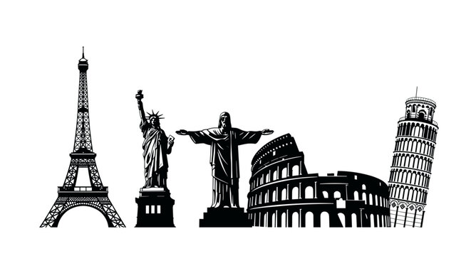 World landmarks silhouette travel destinations, global tourism and architecture design