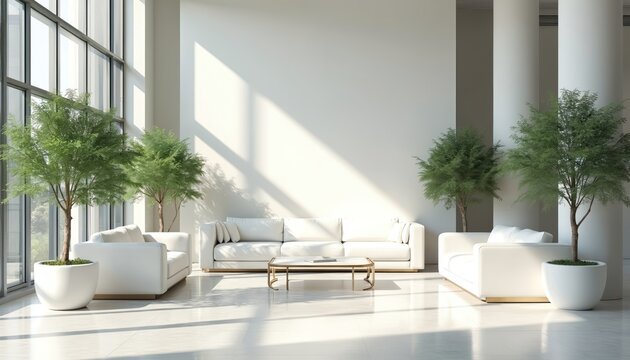 Bright modern office lobby with white sofas, minimalist coffee table, green potted trees. Large windows allow natural sunlight to stream in, creating clean, elegant atmosphere. Upscale reception area
