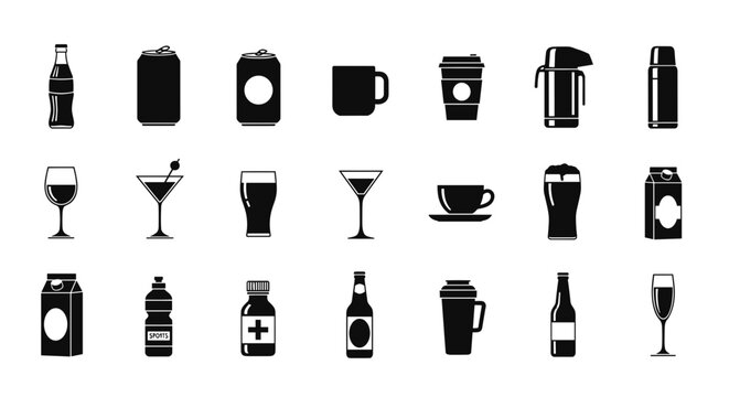 Diverse drinkware collection for cafes and restaurants, vector graphic, modern beverages