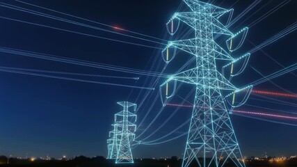 Futuristic electricity grid illuminated at night, showcasing vibrant power lines and towers, creating dynamic atmosphere with high tech energy distribution and modern infrastructure