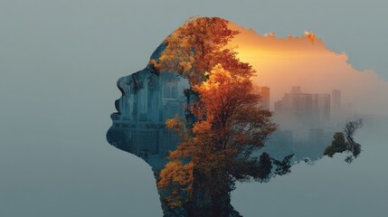 Silhouette of a woman's face overlaid with cityscape and autumnal trees
