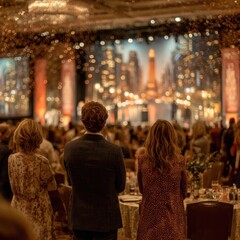 Audience views stage at gala; confetti, city backdrop, elegant crowd