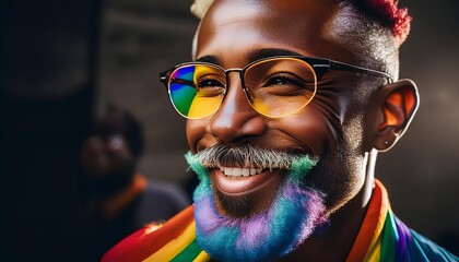 Smiling man with rainbow glasses, multicolored beard, and pride flag. Vibrant portrait celebrating LGBTQ+ identity, self-expression, diversity, and inclusive community themes. Perfect for creative use