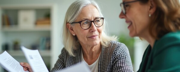 Senior woman discusses financial plan with advisor. They review documents and talk about insurance options for retirement. Agent consults client on policy.