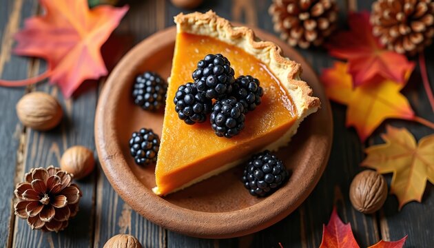 Slice of delicious pumpkin pie with fresh blackberries on rustic plate. Autumn leaves, pine cones, walnuts decorate dark wood table. This dessert feels warm, cozy for fall holidays like Thanksgiving.