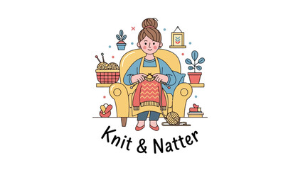 Fototapeta premium Cartoon woman in a chair knitting, surrounded by plants and craft supplies with text below