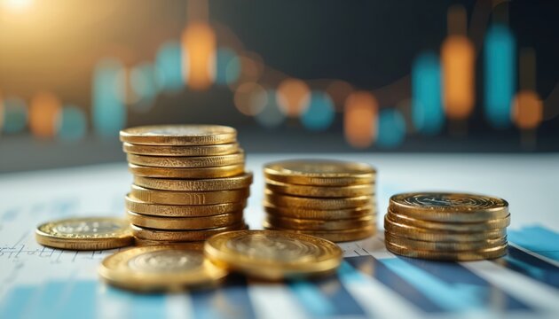 Stacks of gold coins on financial documents with blurred graph background. Coins represent money, investment, and economic growth. Financial data and charts indicate business and market analysis.