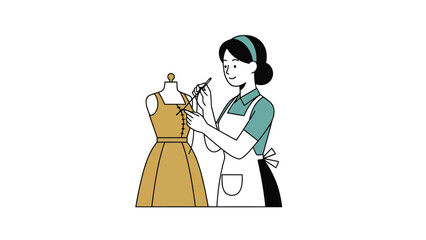 Fototapeta premium A seamstress in an apron sews a dress on a mannequin in a minimalist illustration
