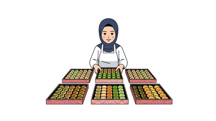 Illustration of a woman in a hijab and apron presenting baked goods in decorative boxes