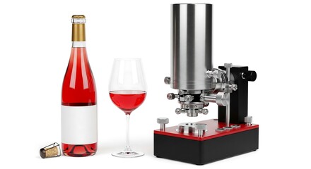 A bottle of red wine and a wine glass next to a metallic laboratory device.