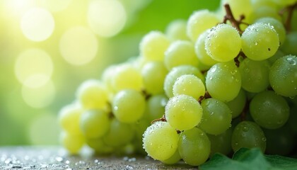 Fresh green grapes covered in water droplets glisten on a wooden surface. Sunlight illuminates the ripe fruit with a soft glow. Healthy juicy organic produce shown close up.