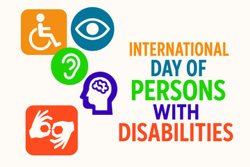 Vibrant graphic promoting awareness and advocating for the International Day of Persons with Disabilities, featuring diverse symbols of accessibility and inclusion for a more equitable society