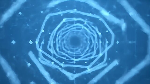 Blue Neon Geometric Vortex Ring with Repeating Polygonal Outlines and Sparkling Particles