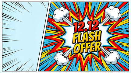 1212 Flash Offer Comic Style Banner with Explosive Background and Speech Bubbles.
