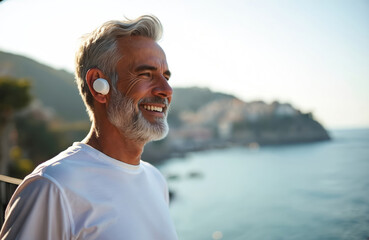 Smiling senior man with grey hair and beard wears wireless earbuds. He enjoys seaside view. Man looks relaxed, happy, and calm. He listens to music. Ocean and mountains are in background.