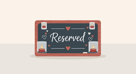 Charming reserved sign with hearts and candles creates a romantic, intimate atmosphere