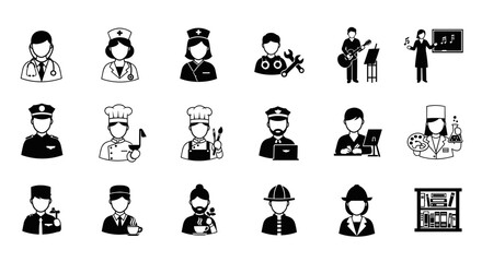 Diverse professions in monochrome, icons of jobs, skilled workforce, career choices, labor