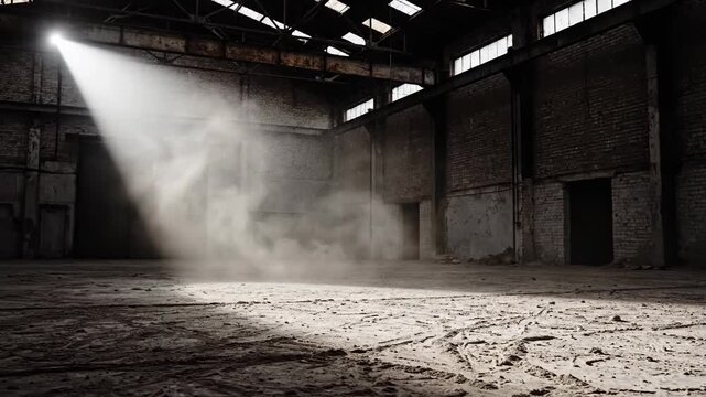 Interior warehouse illuminated by dramatic light beams cutting through dust