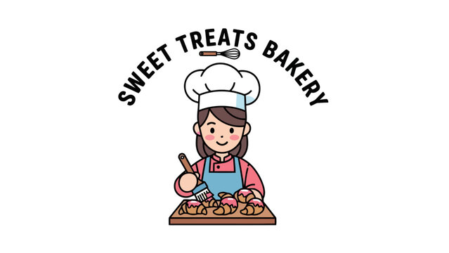 A cartoon baker wearing a chef's hat and apron, applying icing to pastries on a wooden board