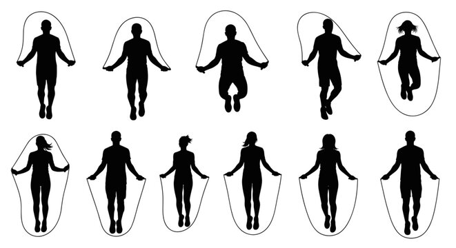 Dynamic silhouettes jumping rope for fitness, representing diverse athletes exercising together