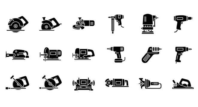 Collection of power tools vector icons for construction and home improvement projects