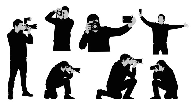Dynamic photographer silhouettes set, capturing moments and memories with cameras - Powered by Adobe