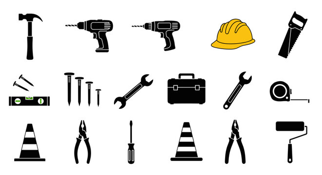 Construction tools icons set for builders, DIY enthusiasts, and home improvement projects