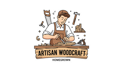 A cartoon artisan crafting wood, with tools and a banner that says "Artisan Woodcraft