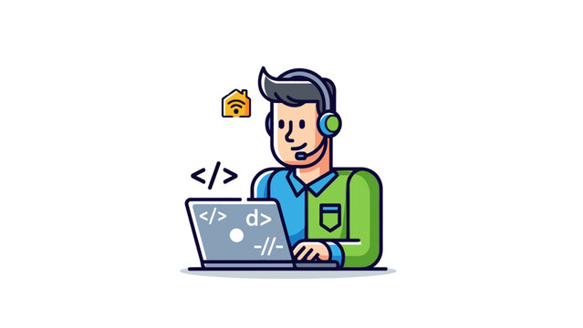 A cartoon depiction of a person coding on a laptop, wearing a headset, with a wifi symbol