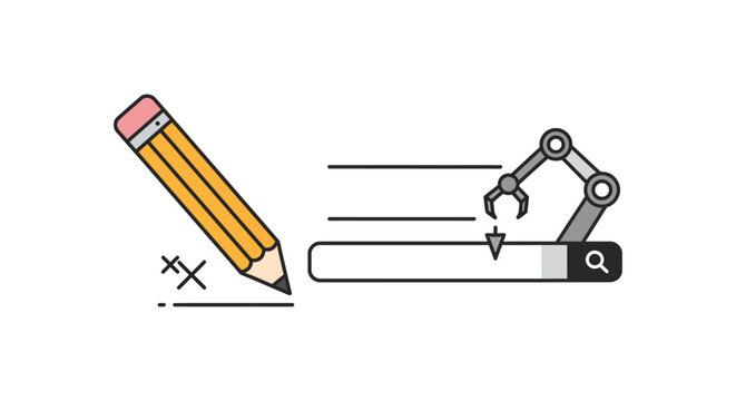 Automating content creation a pencil and robotic arm working together on search engine input for modern digital transformation campaigns.
