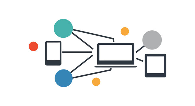network connection laptop connecting with devices communicating data across multiple platform interfaces signifying cloud technology and future connectivity