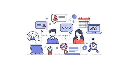 online communication teamwork using digital devices two people collaborating effectively sharing ideas perfect for illustrating remote work and team discussions