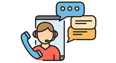 Online customer support representative with phone and chat assisting customers providing assistance and information ideal for support services