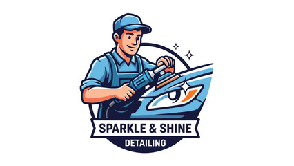 A cartoon image depicting a mechanic working on a car, the image is within a blue circle and includes text