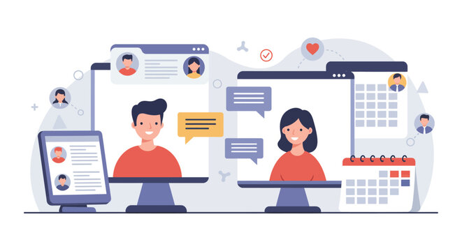 online meeting communication colleagues connect via video call for collaboration scheduling and virtual teamwork in digital workspaces
