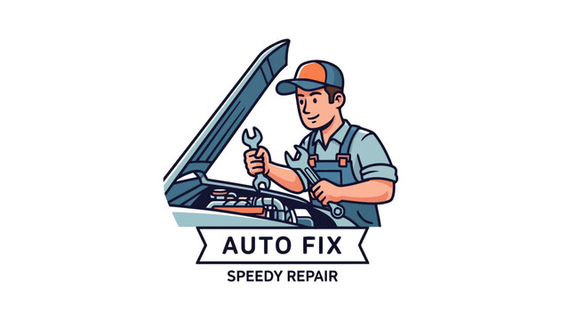 A cartoon mechanic with a wrench is working on an engine, above text that says "Auto Fix", "Speedy Repair