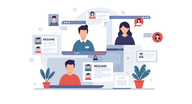 Online recruitment and hiring process reviewing resume and video interviews showcasing human resources and talent acquisition in the digital age.