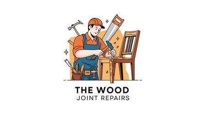 Cartoon image of a carpenter repairing furniture, with tools like hammer, saw, and a chair