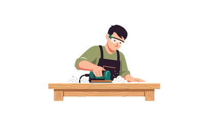 Pixelated image of a person sanding a wooden plank with a power tool, wearing safety glasses