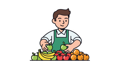A cartoon image depicting a fruit seller standing behind a table full of various fruits