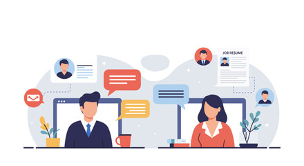 virtual job interview business people communicating online via laptops for hiring resume review candidate search and remote team collaboration