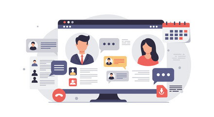 virtual meeting on computer two professionals communicating online planning schedule with calendar remote working solution perfect for business website