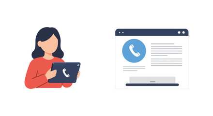 Woman using online call service on a tablet accessing customer support via app for consultation and assistance from a remote location.