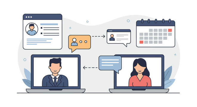 virtual meeting collaboration business professionals connecting on laptops discussing projects online illustrating teamwork communication and remote work