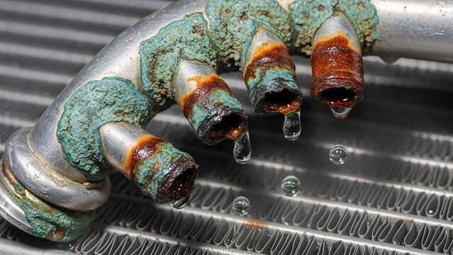 Urgent auto repair needed showing corroded radiator with dripping coolant signaling engine trouble and potential costly maintenance ahead