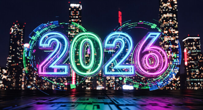 Neon 2026 new year design with futuristic city background for festive celebrations
