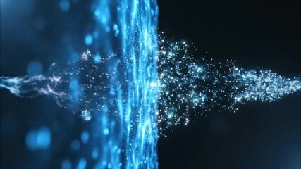 Vibrant glowing particle forms against a split dark and blue digital background illustrating abstract energy flow in a futuristic technological concept