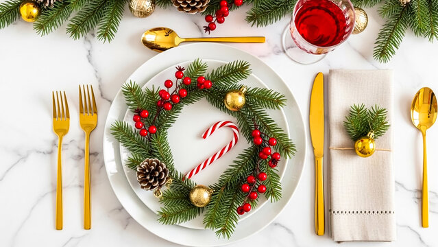Festive christmas table setting with golden cutlery and holiday decorations