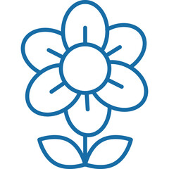 Simple Blue Outline of a Five Petal Flower with Stem and Leaves on Transparent Background