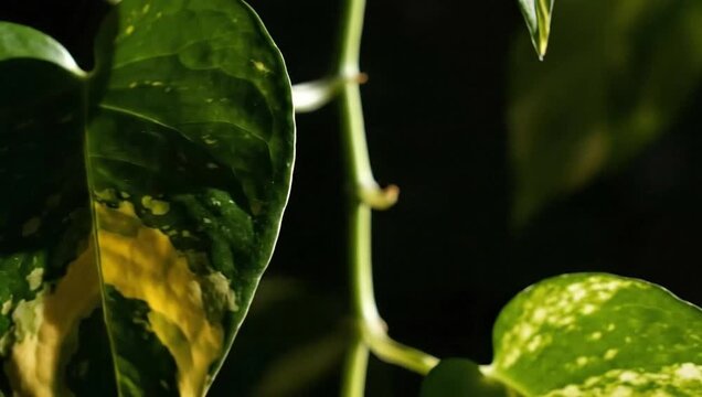 Vibrant golden pothos leaf unfurling, a calming indoor nature moment for mindful viewers, showcasing growth in a calming green and gold palette